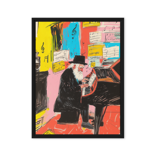 A soulful painting of a Chassidic rabbi immersed in piano music, with bold, layered colors symbolizing spiritual depth and creativity.