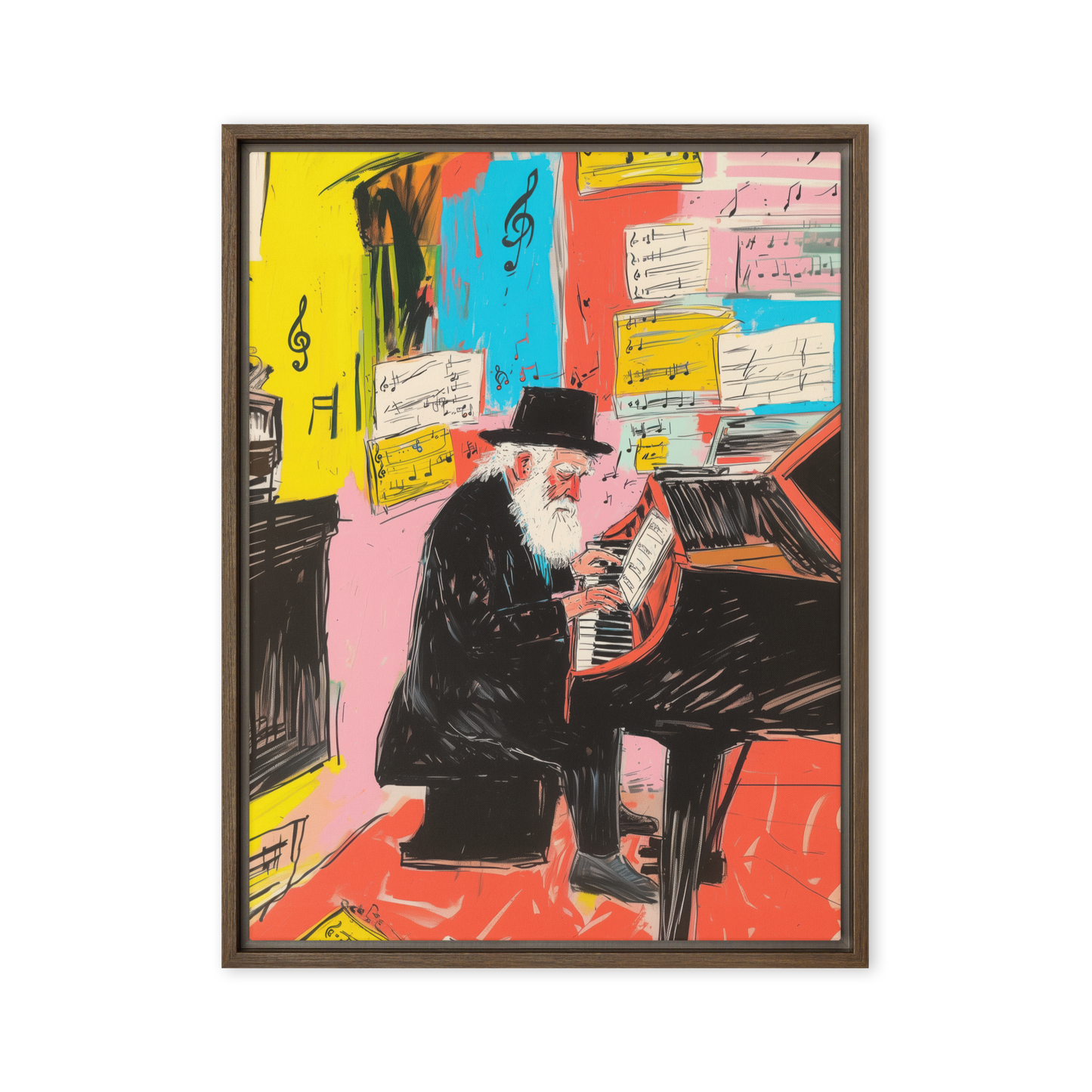 A powerful Jewish music-inspired artwork of a Hasidic rabbi at the piano, deep in spiritual and creative expression.