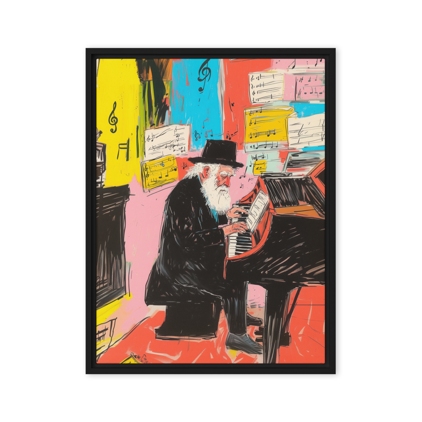 A striking Jewish artwork portraying a Hasidic rabbi at the piano, with swirling notes and abstract colors symbolizing melody and soul.