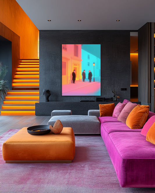 A captivating scene of Jewish men outside a shul at midnight, their figures glowing under neon lights as they engage in deep Torah discussion.