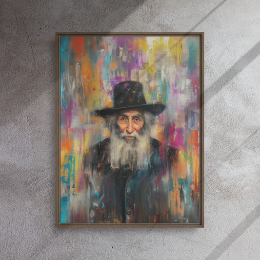 A unique portrait of a Jewish rabbi, where traditional realism meets vibrant abstract expressionism, creating a powerful contemporary Judaica artwork.