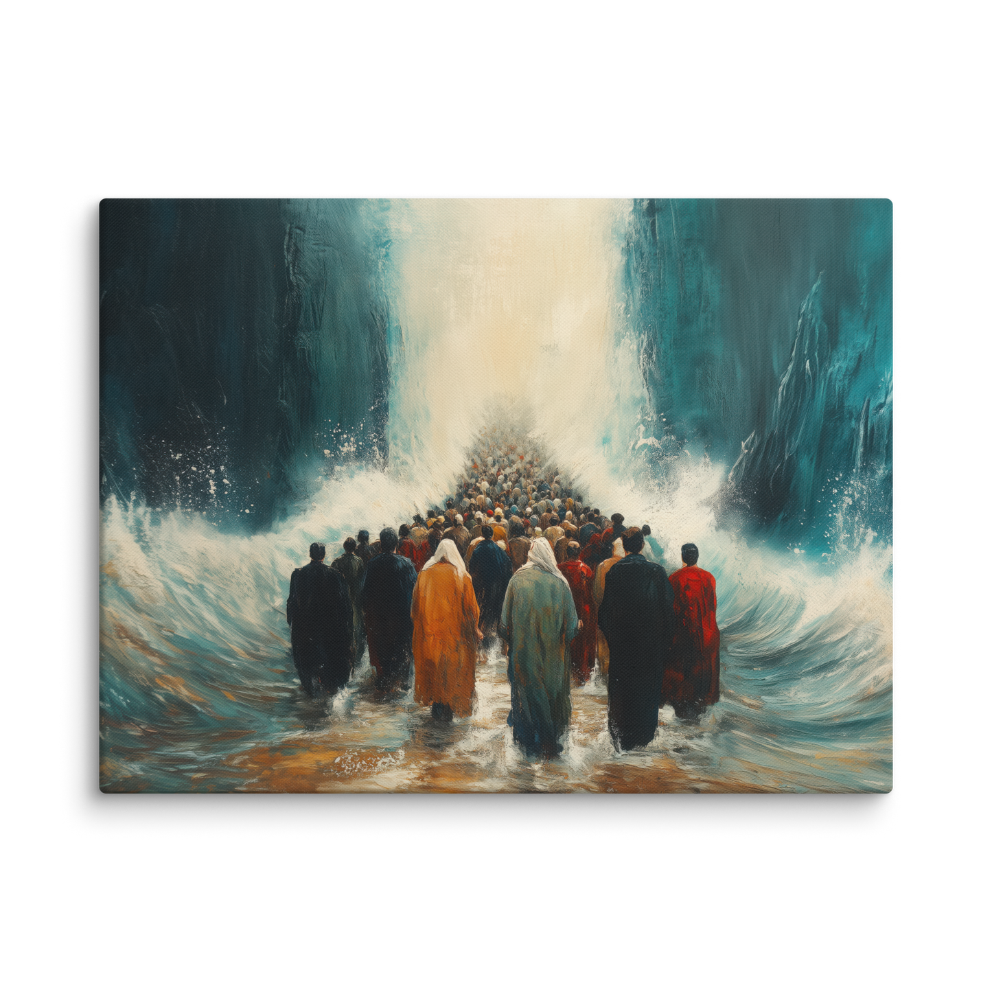 A breathtaking scene of the Jewish people walking through towering walls of water, symbolizing resilience, faith, and strength during a pivotal moment in history.