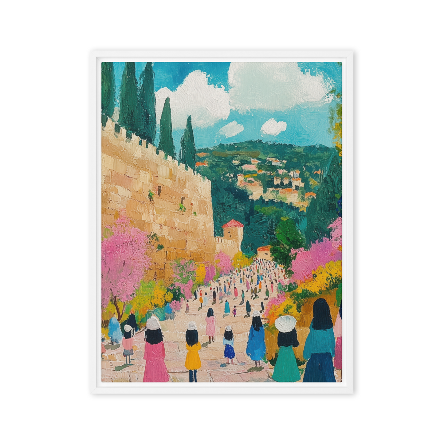 A stunning Jewish watercolor painting depicting women in Jerusalem, embracing Jewish history and beauty.