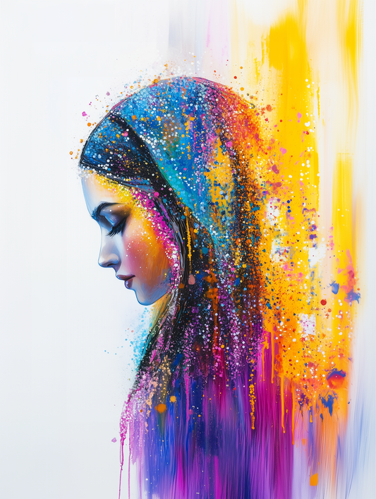 A stunning Jewish bride of valor in colorful contemporary wedding art.