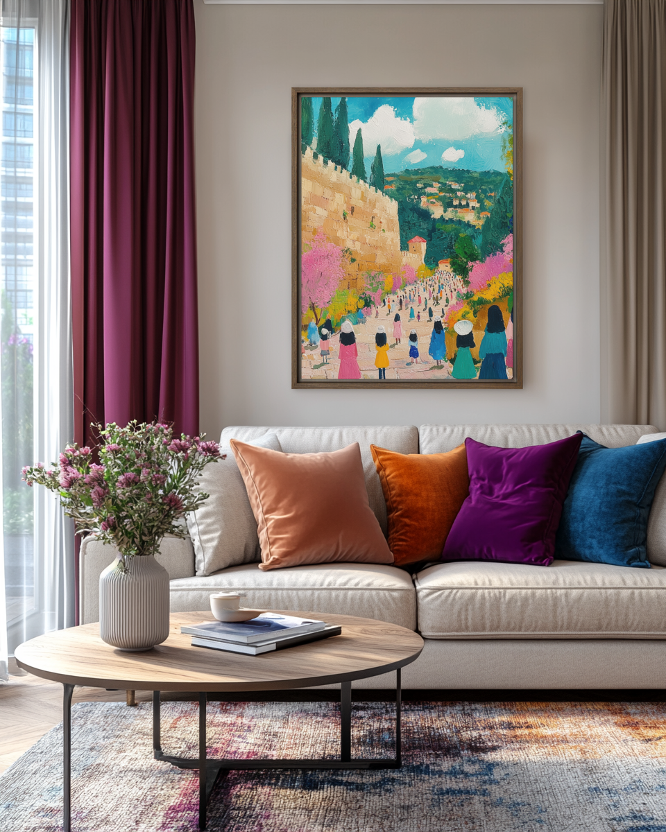 A beautiful Jewish art watercolor painting of women in Jerusalem, capturing tradition, faith, and heritage. Beautiful living room decor.