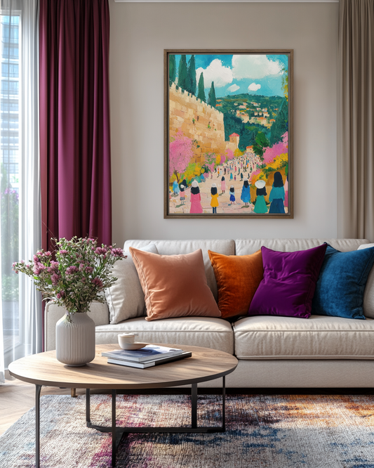 A beautiful Jewish art watercolor painting of women in Jerusalem, capturing tradition, faith, and heritage. Beautiful living room decor.