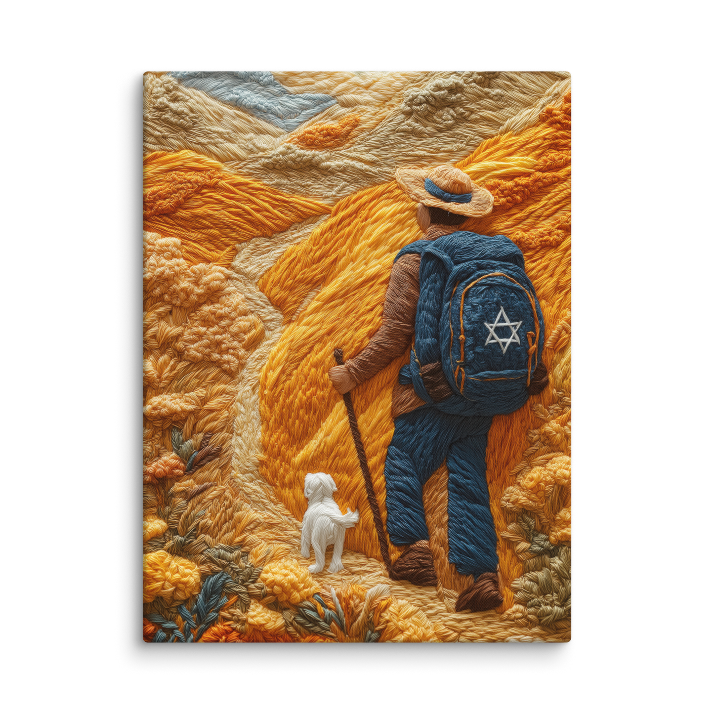 A contemporary Jewish art print showing a hiker on a journey, merging exploration with deep-rooted heritage and Jewish faith.