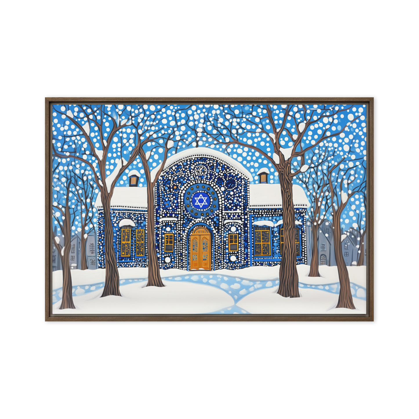 A peaceful and spiritual depiction of a synagogue under snowfall, radiating warmth, stillness, and tradition.