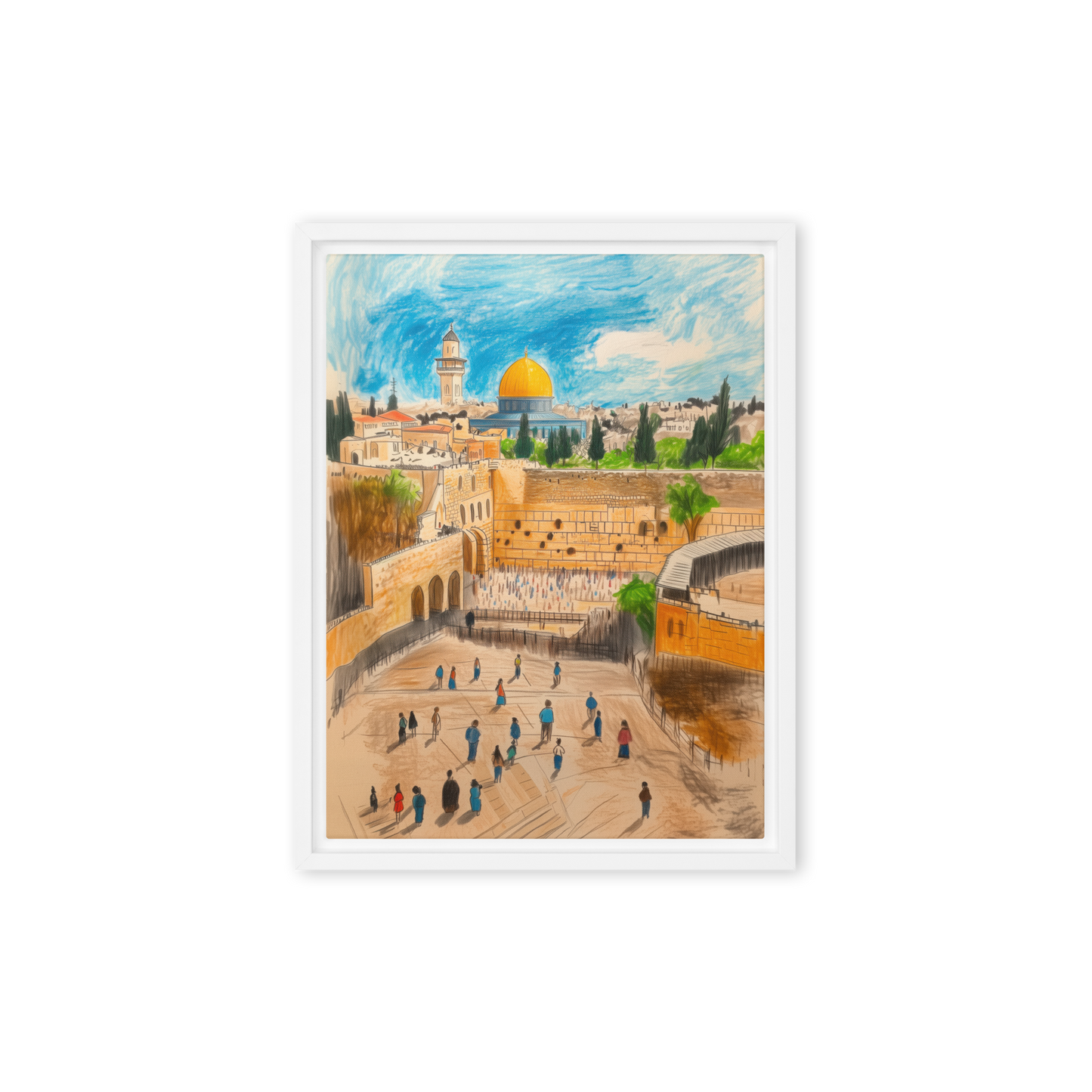 A youthful and colorful drawing of the Kotel, filled with life and joy, capturing the quiet stories of those who walk by this sacred space.