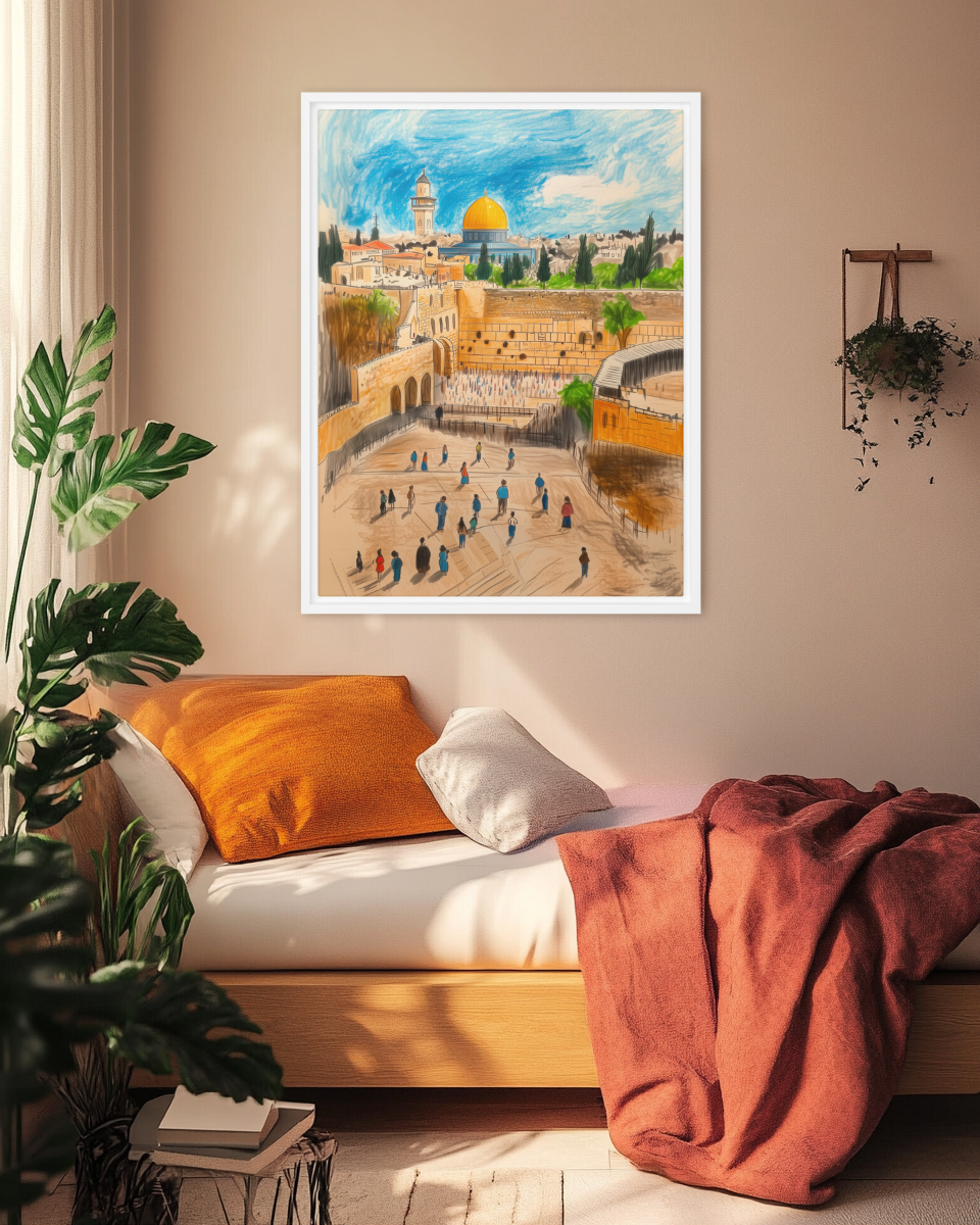 A vibrant, crayon-style drawing of the Western Wall, full of color and life, capturing the joy and spiritual energy of this sacred place.