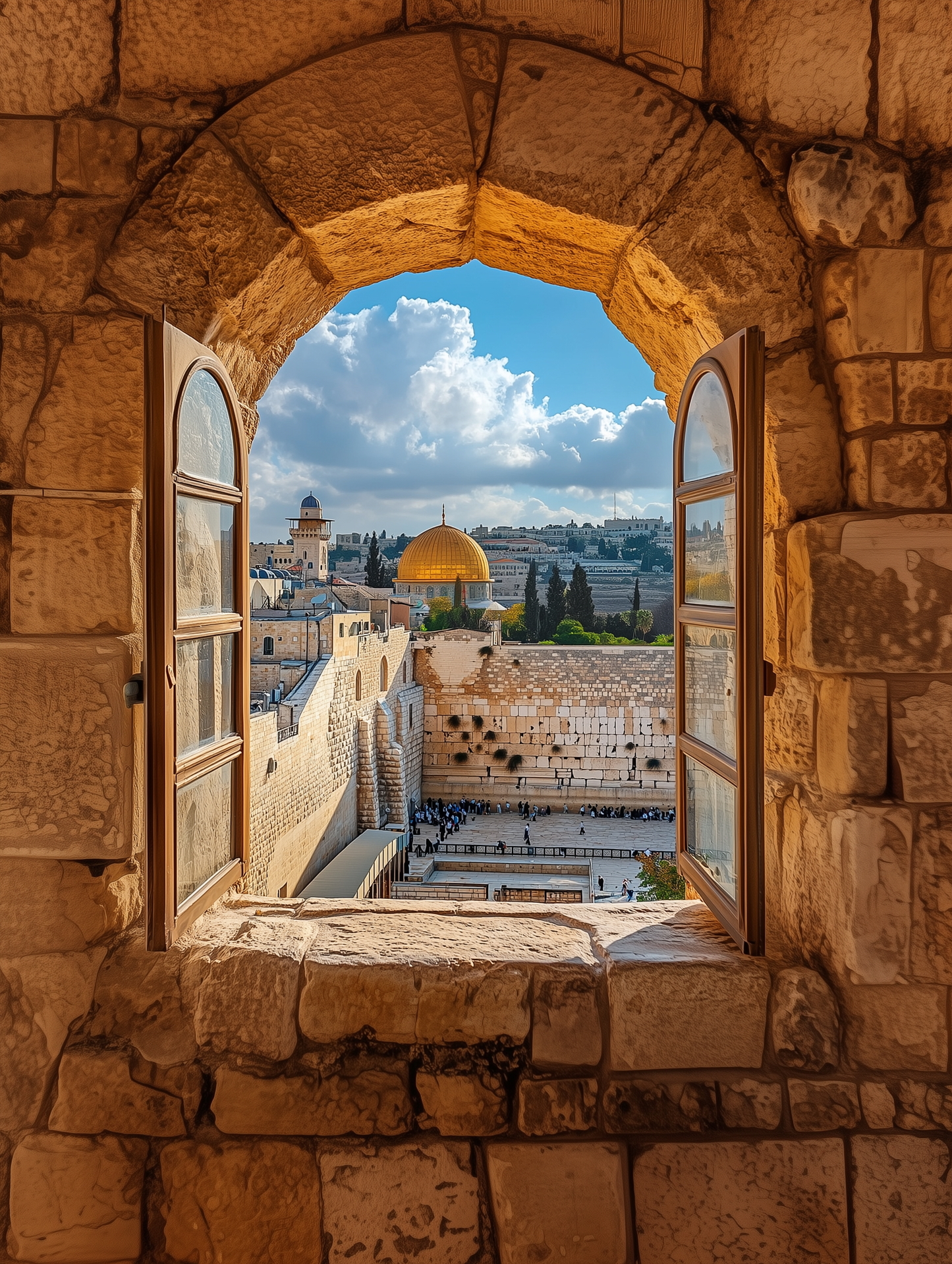 A timeless depiction of the Kotel seen through an old Jerusalem window, capturing the serenity of sunrise over the holy site.