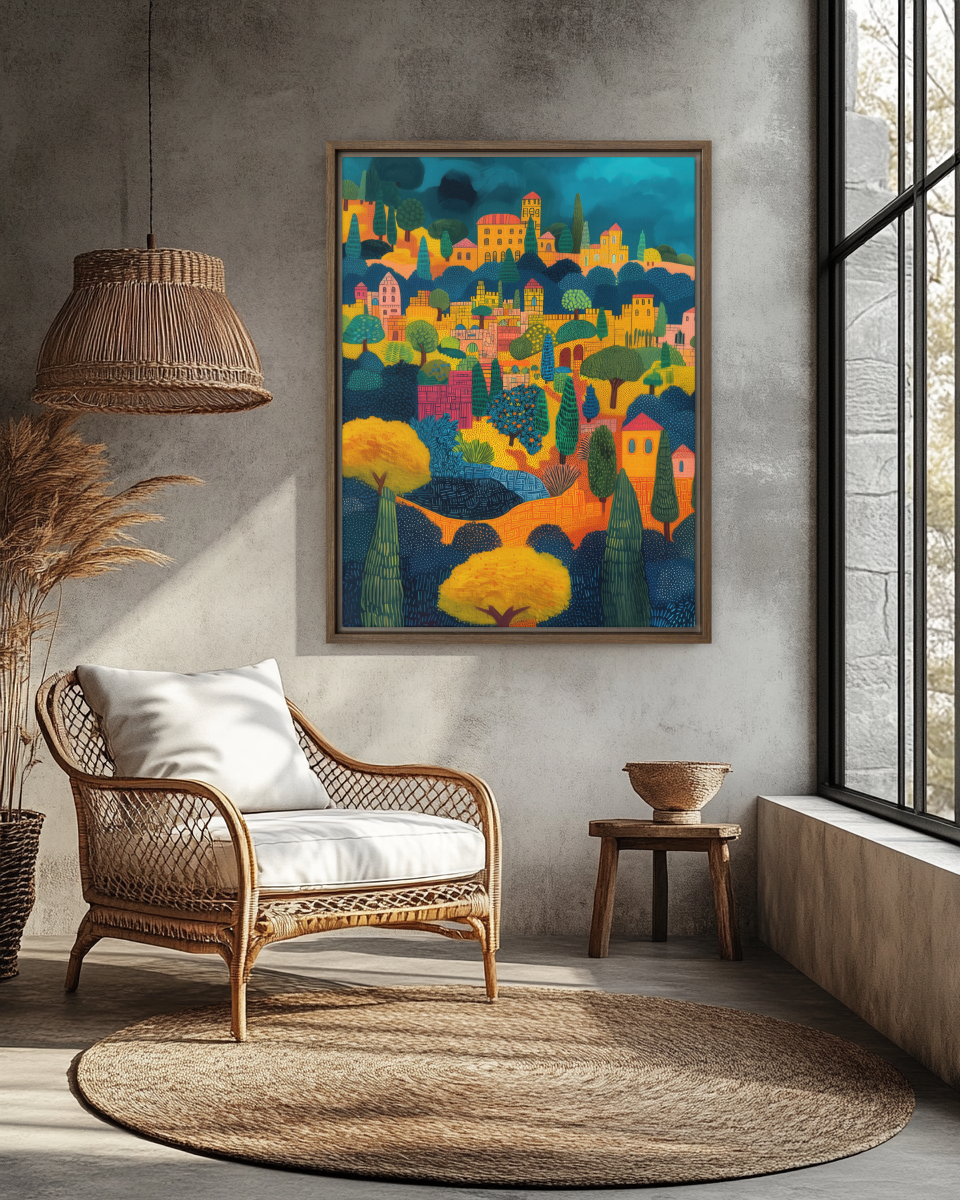 A breathtaking Mediterranean-inspired dreamscape, capturing Jerusalem’s timeless beauty with bold colors, intricate patterns, and rolling hills.
