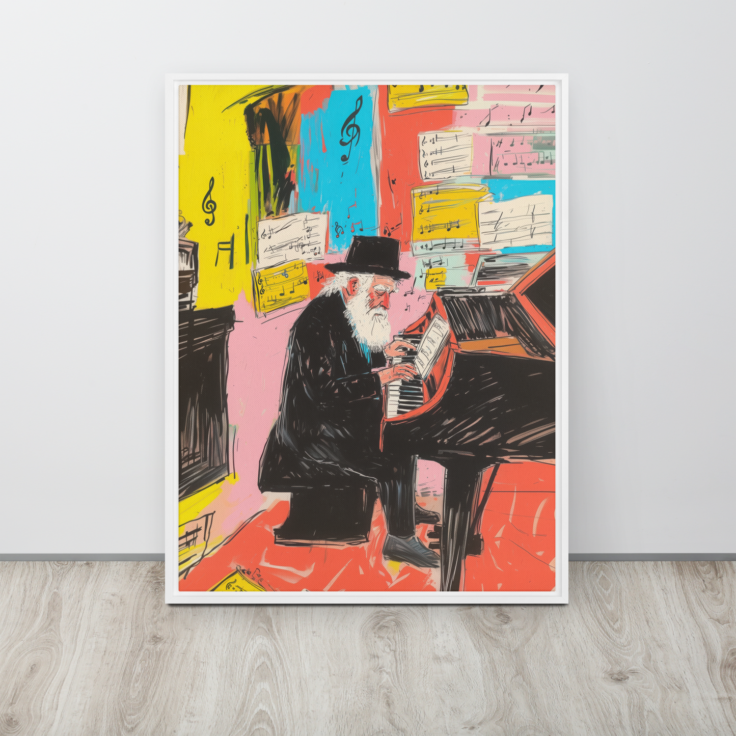 A vibrant Jewish art piece of a Chassidic rabbi playing the piano, surrounded by swirling musical notes and spiritual energy.
