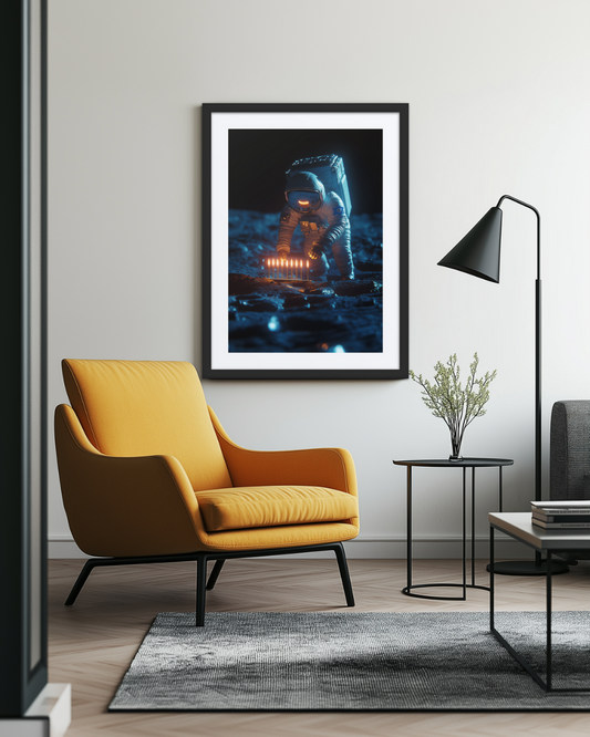 A framed print portraying a jewish astronaut lighting the chanukah menorah on the moon.