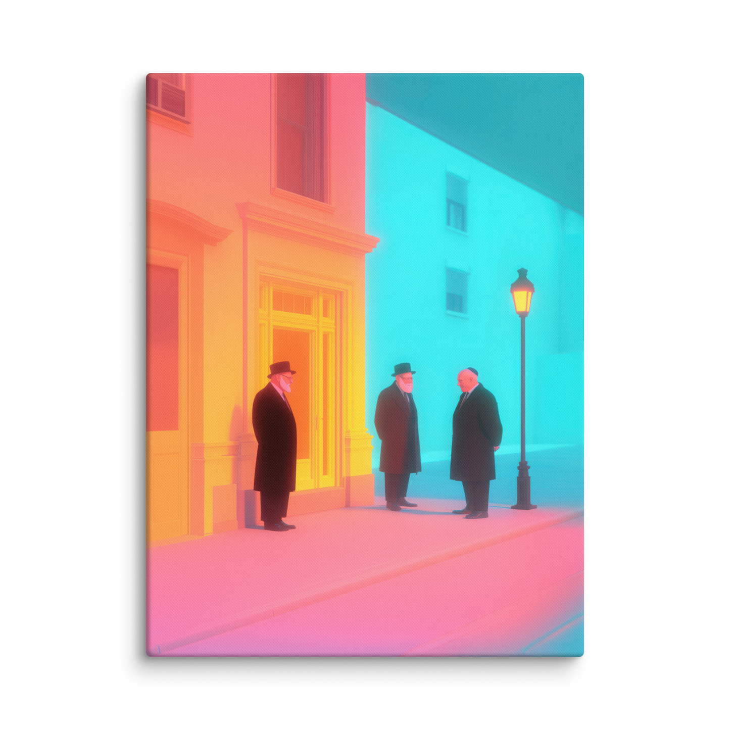 An atmospheric Jewish art piece showcasing a late-night Torah discussion outside a synagogue, glowing under neon streetlights.
