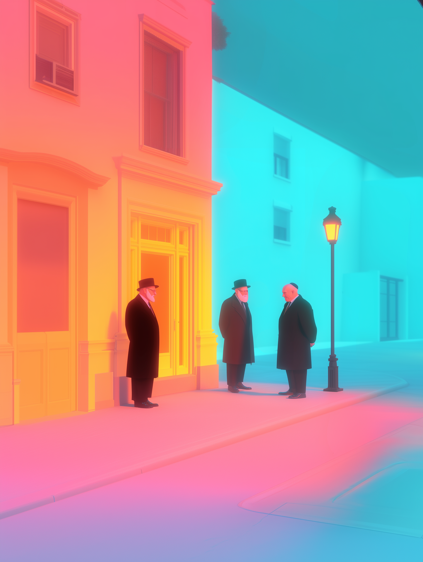 A mesmerizing Jewish artwork capturing three figures outside a shul at midnight, bathed in soft neon light, evoking wisdom, faith, and camaraderie.