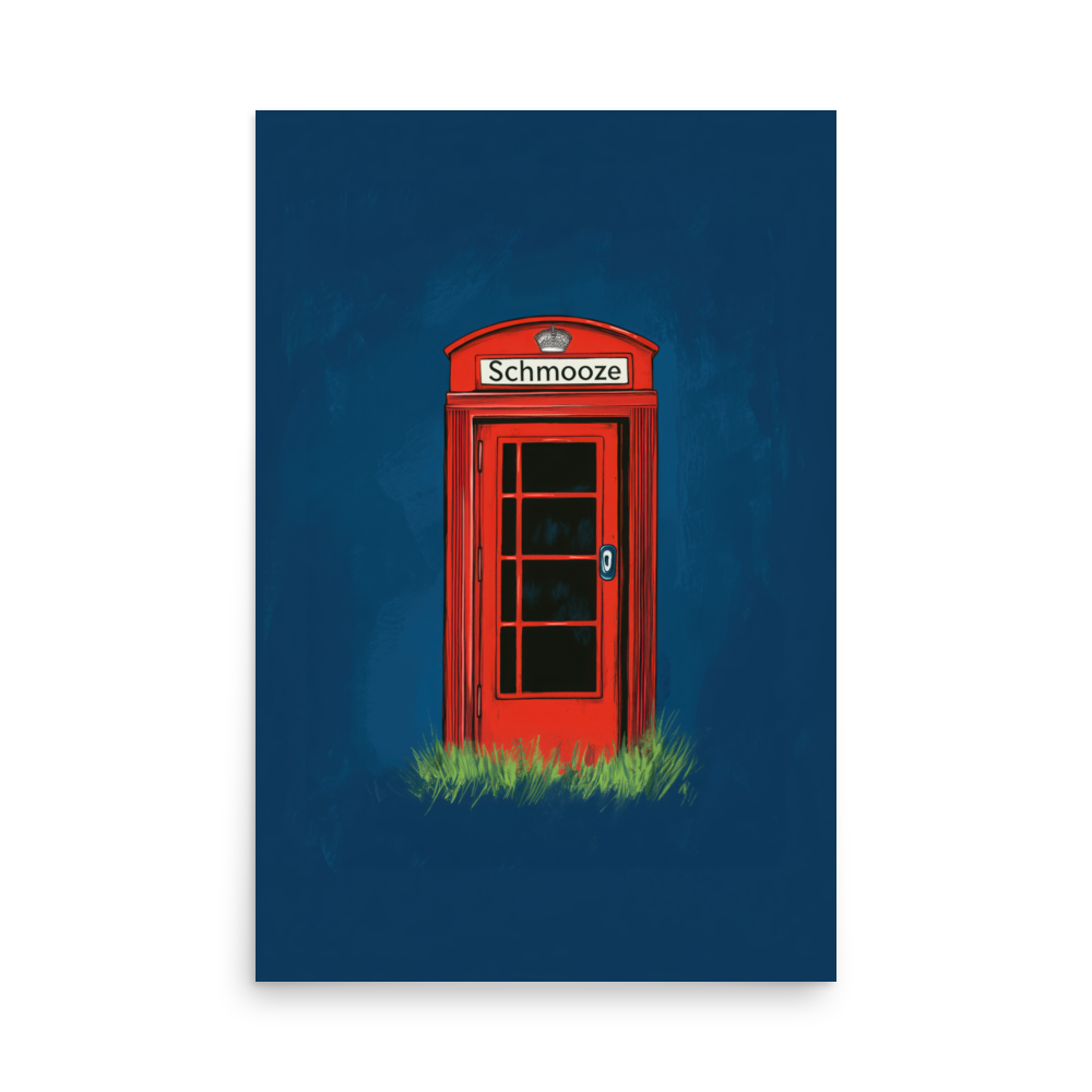 A vibrant and fun modern Jewish art piece featuring a red phone booth and the word "Schmooze," available in canvas and print for home or office décor.
