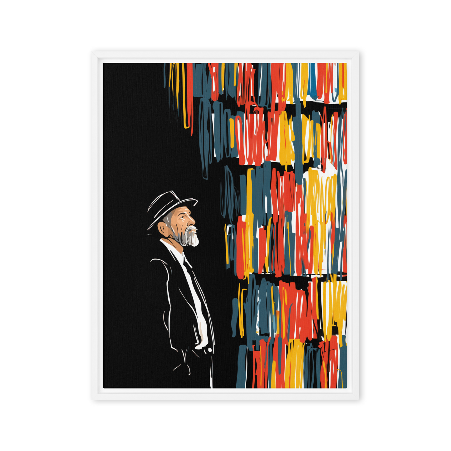 A rabbi stands near his bookshelf. Minimalist modern jewish art by Beraishis.