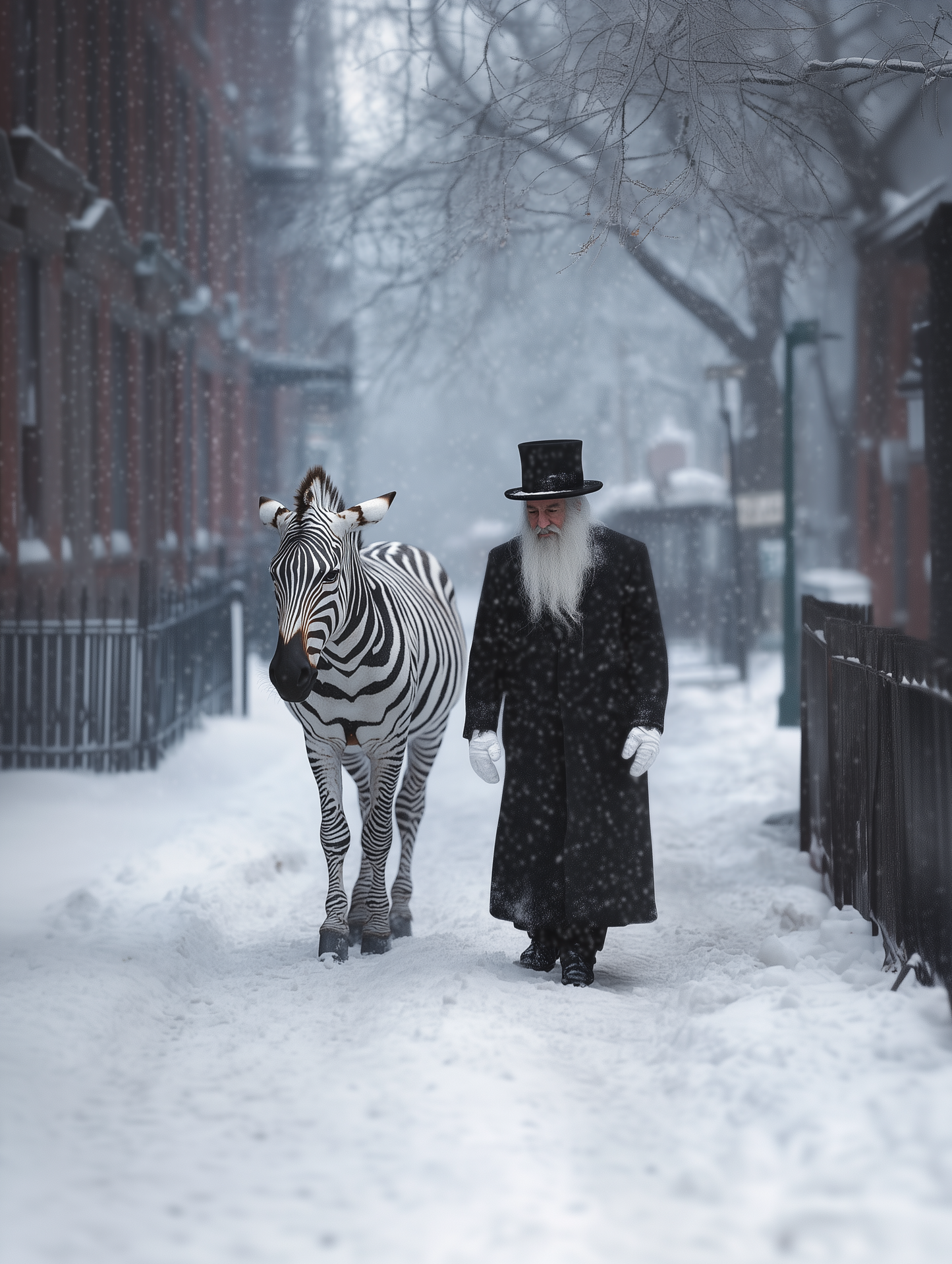 A surreal winter scene in Brooklyn with a rabbi and a zebra, captured in modern Jewish art.
