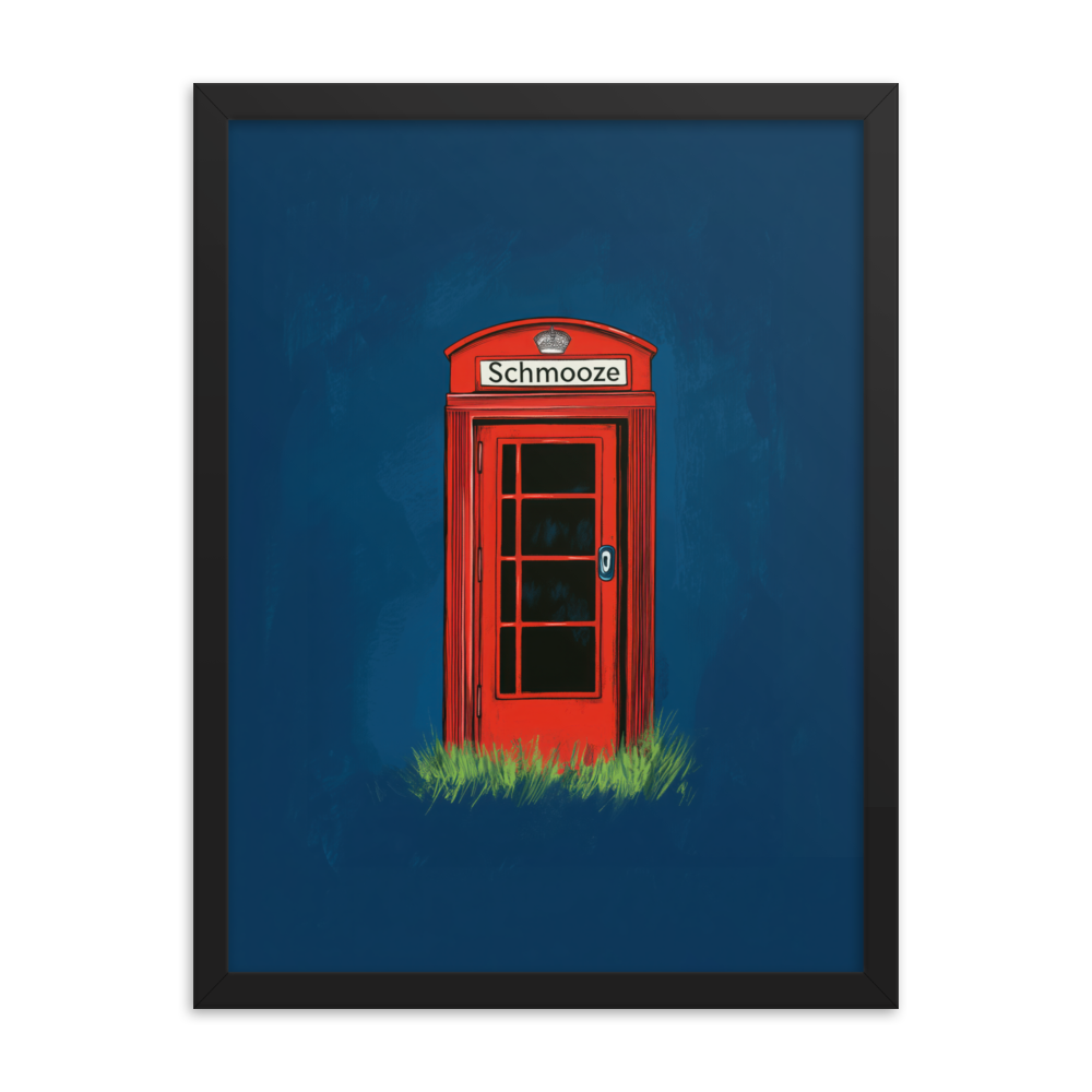 A charming artwork featuring a red phone booth and the Yiddish word "Schmooze," designed to bring modern Jewish culture into your home or office.
