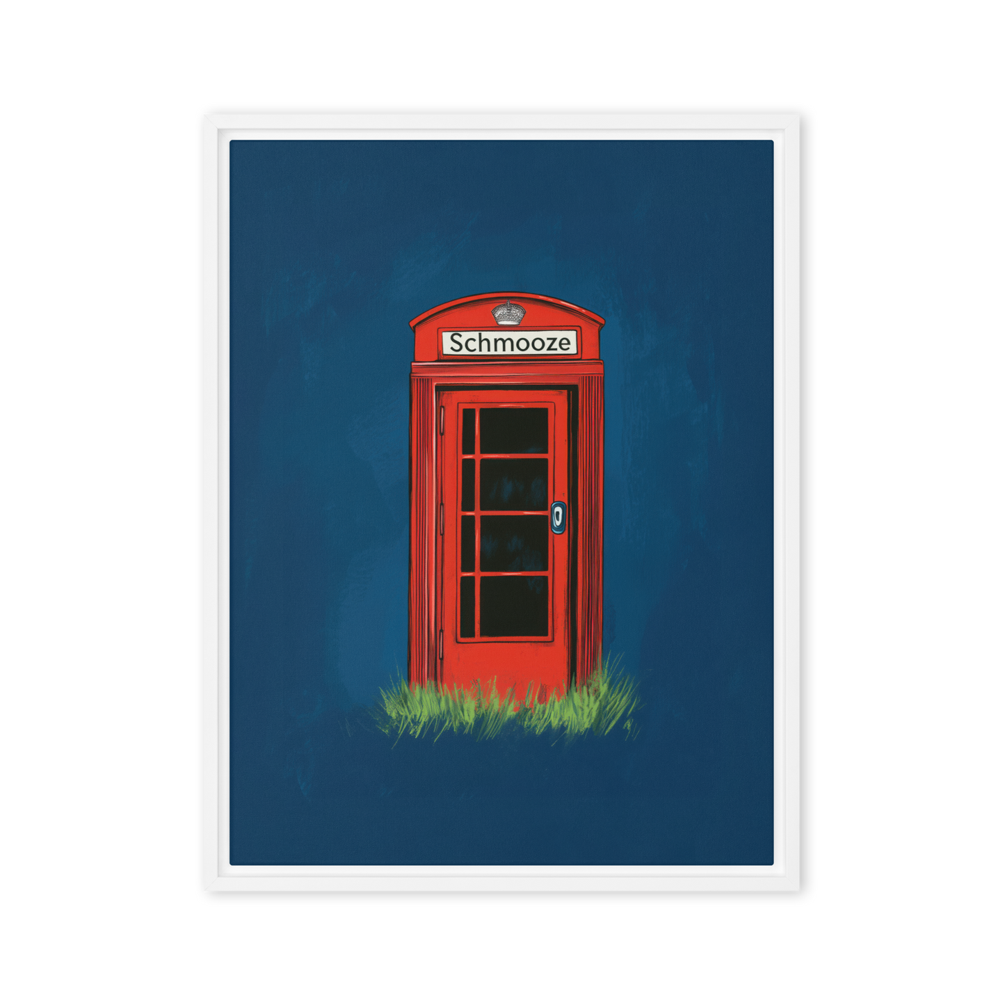 A fun and modern Jewish art piece with a minimalist vector illustration of a red phone booth and the word "Schmooze" in Yiddish, symbolizing casual conversation.