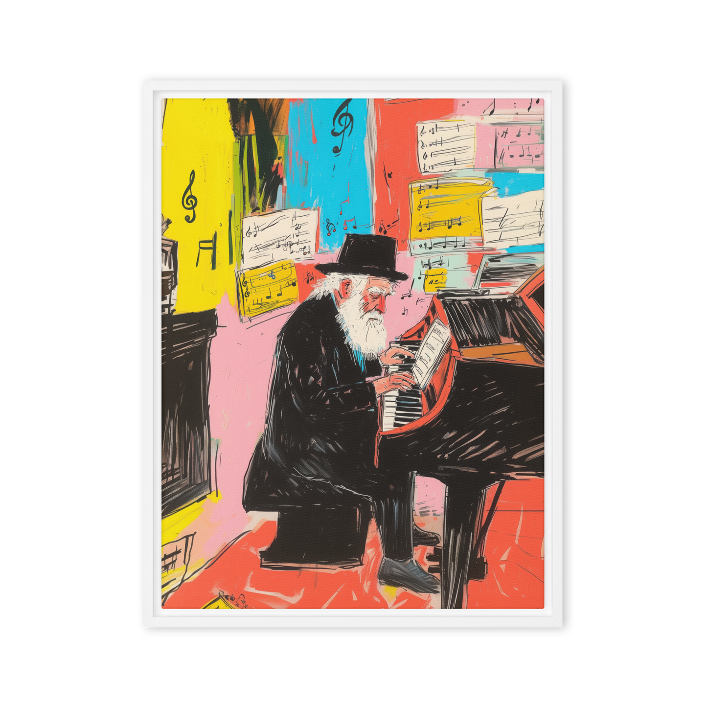 A bold Jewish art print of a rabbi playing piano, where music, faith, and creative expression blend in vivid color and movement.