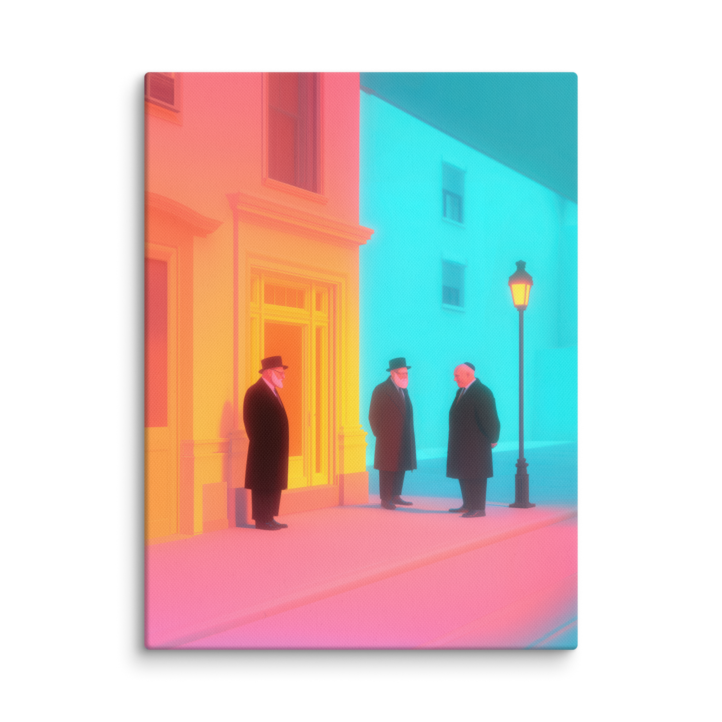 A unique modern Jewish painting depicting three Jews conversing outside a shul at midnight, illuminated by ethereal neon light.