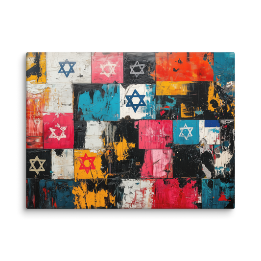A dynamic, mixed-media canvas artwork showcasing colorful Stars of David set against a textured backdrop, symbolizing Jewish identity and unity.