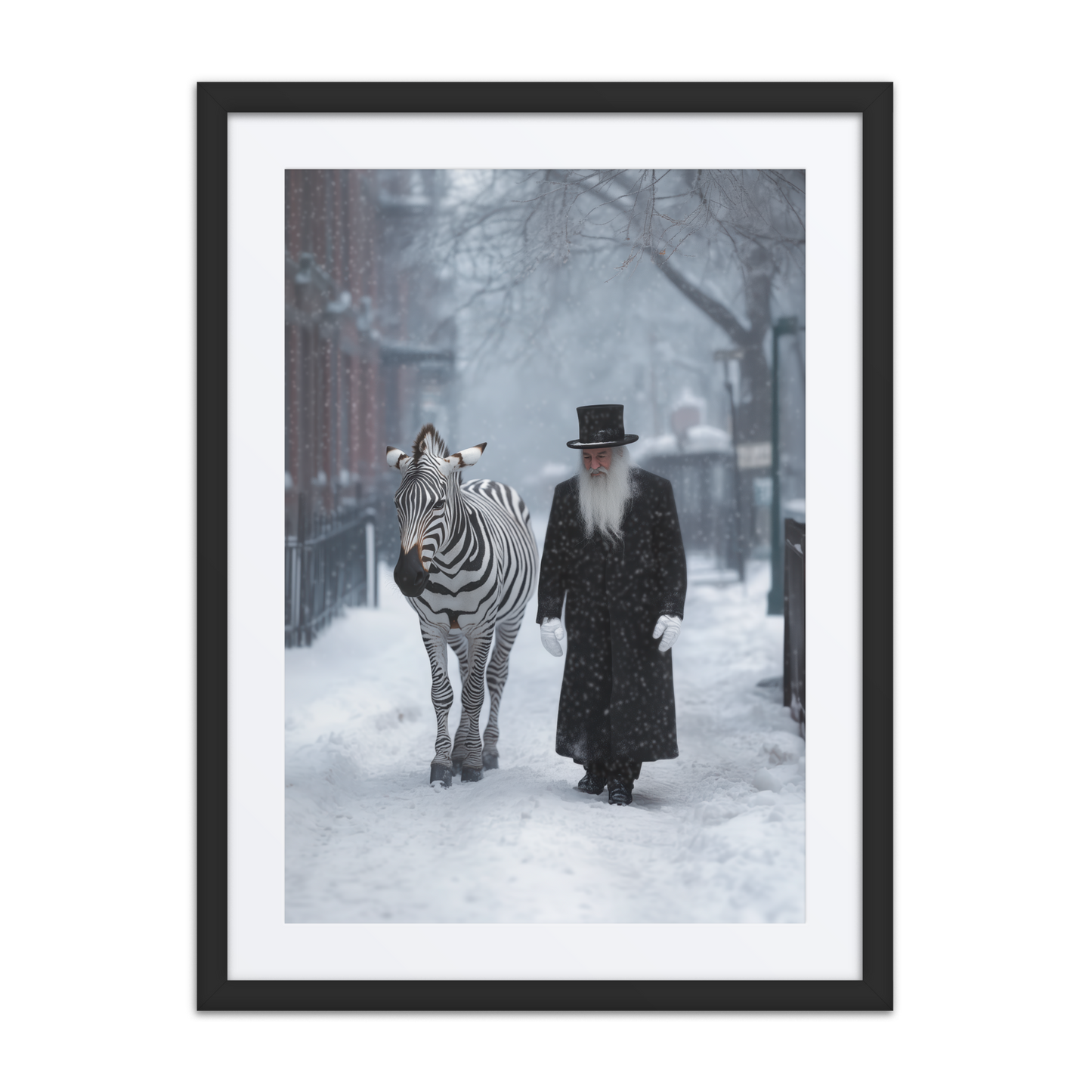 Contemporary Jewish surrealism: A rabbi and a zebra walking through a snowy Brooklyn
