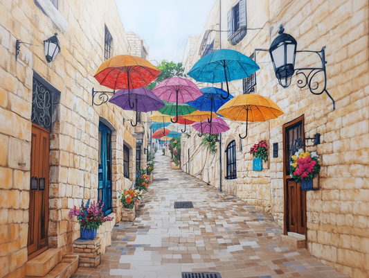 A modern artwork capturing the charm of Nachalat Shiva’s Umbrella Street, where vibrant canopies contrast against golden stone architecture.