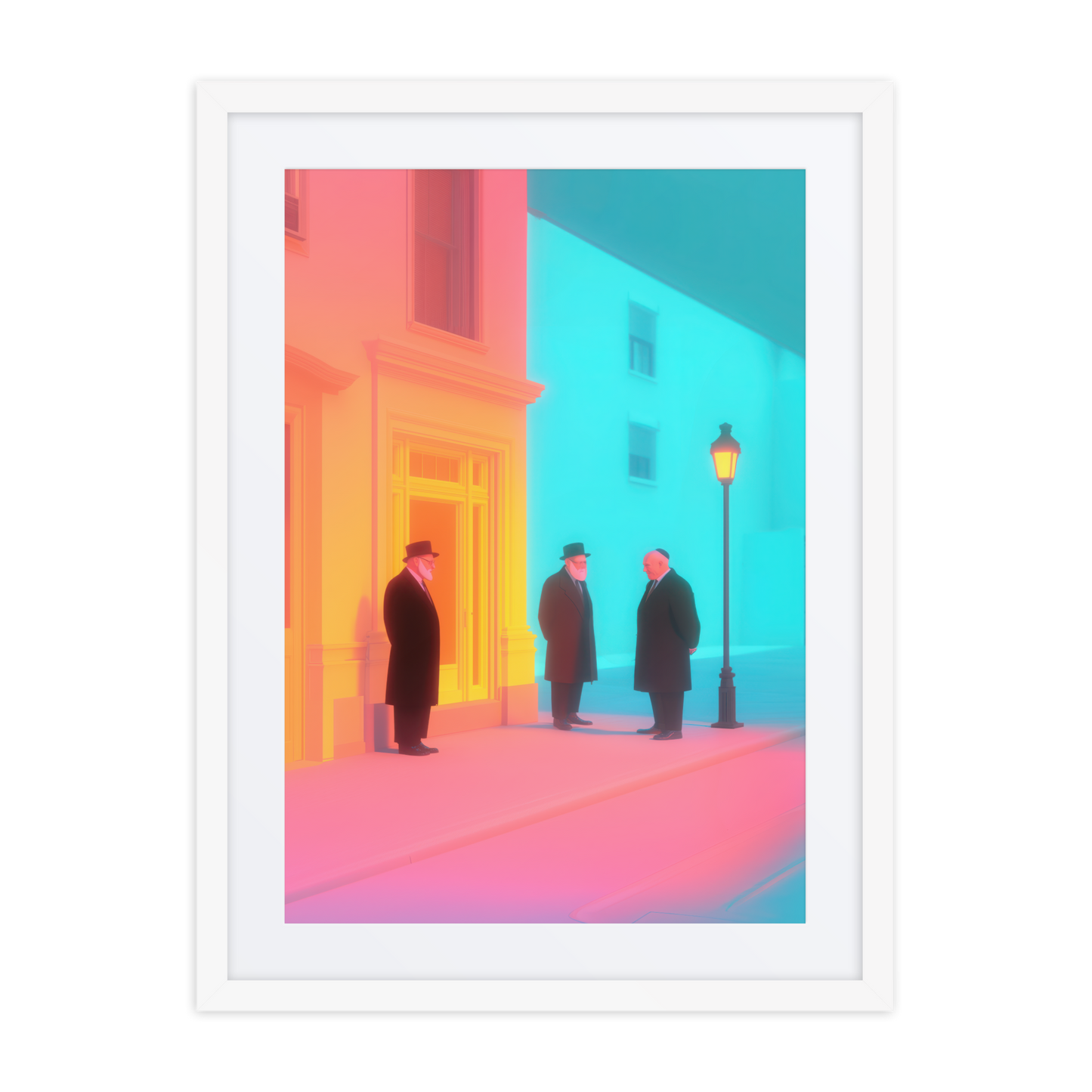 A visually striking modern Jewish painting, where three figures stand outside a synagogue at midnight, illuminated by ambient neon light.