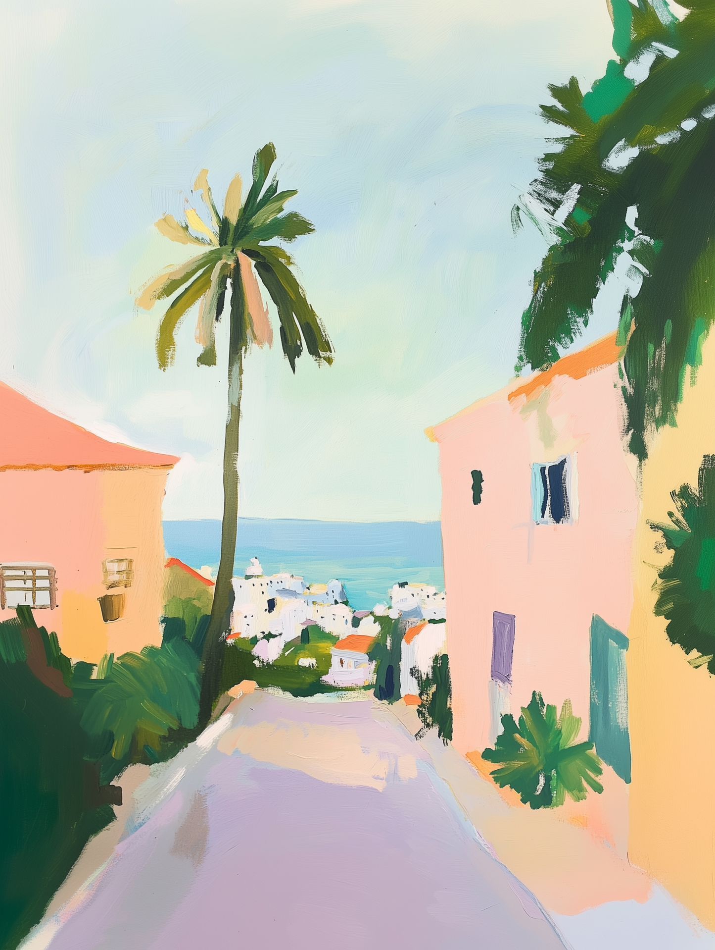 A serene digital acrylic painting style print of a sunlit Tel Aviv street leading to the Mediterranean, framed by lush greenery and timeless architecture.