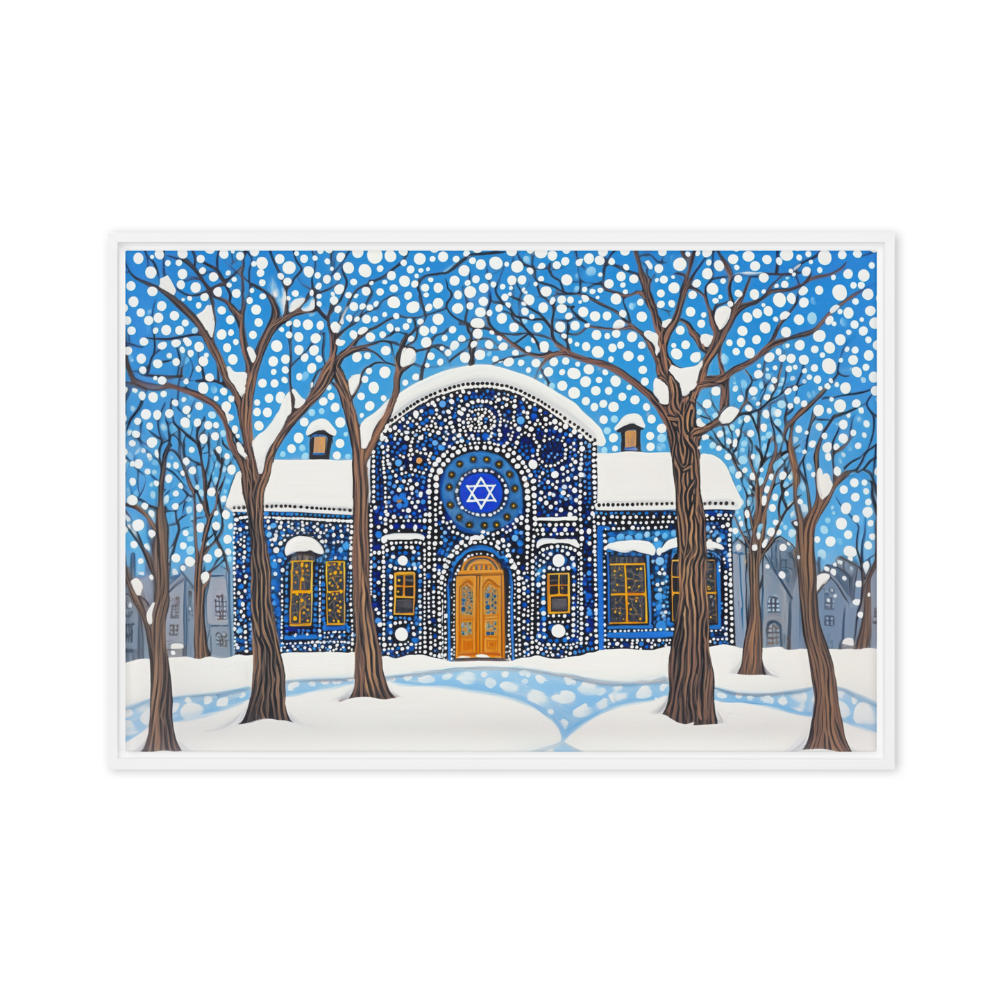A quiet, atmospheric painting of a snow-covered shul, inviting warmth, reflection, and connection.
