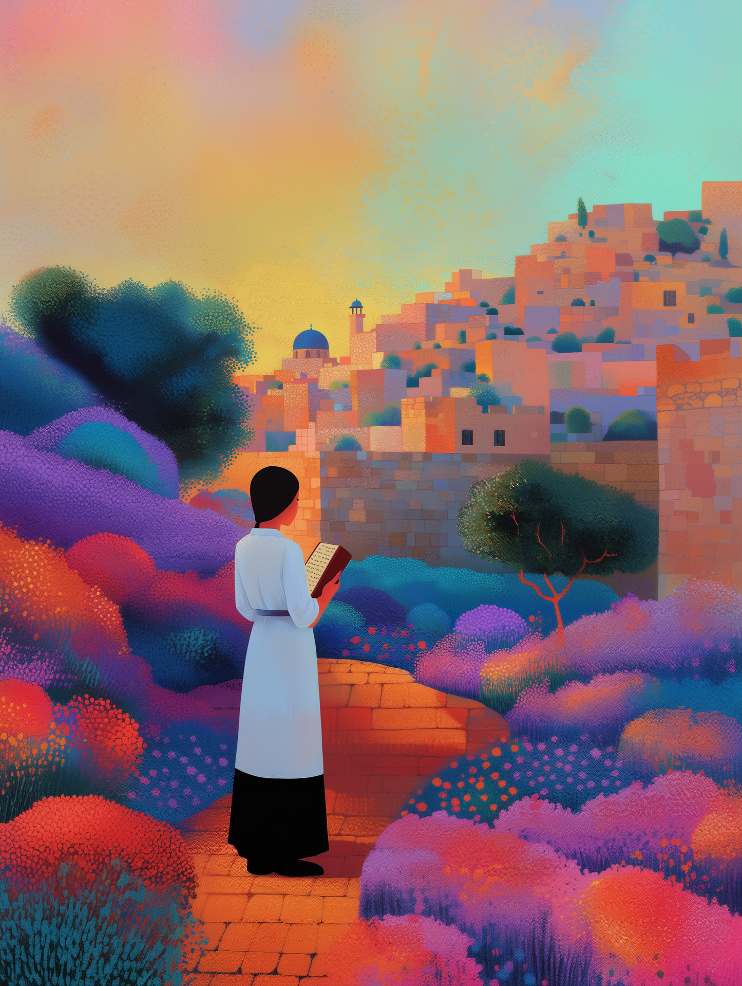 A vibrant depiction of a young Jewish woman praying at the Kotel, surrounded by blooming flowers in prismatic pointillist detail.