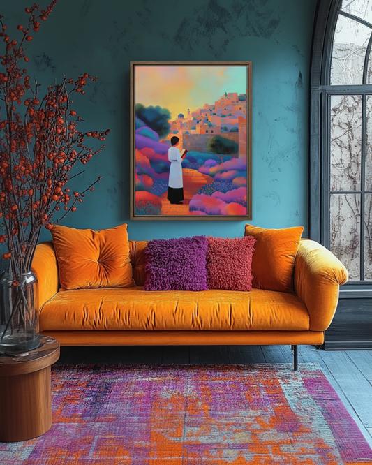 A serene artwork of a Jewish woman praying in a garden, captured in a unique prismatic pointillist style with vibrant colors.