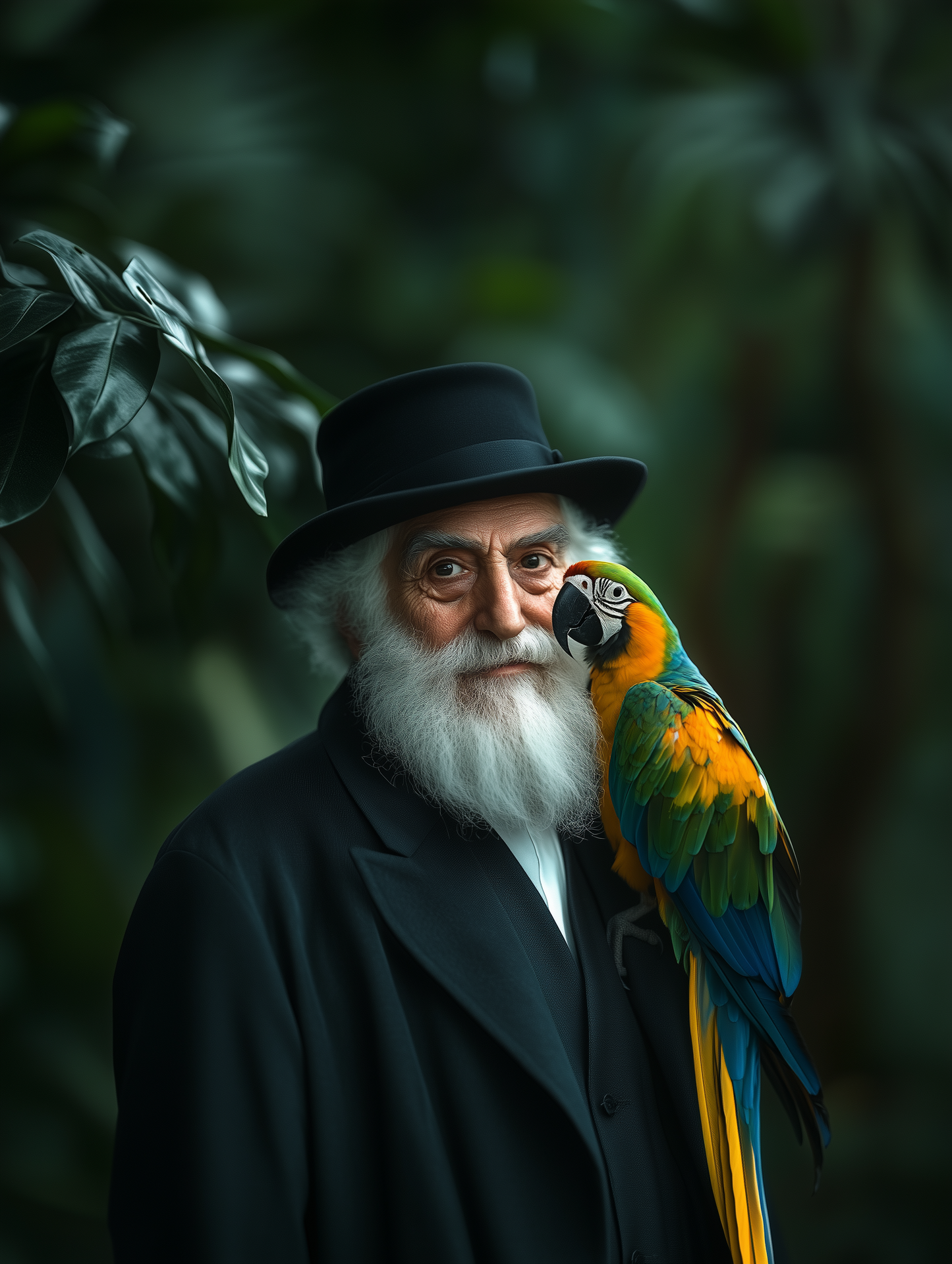 A digital art piece of a rabbi with a parrot standing in a the forest.