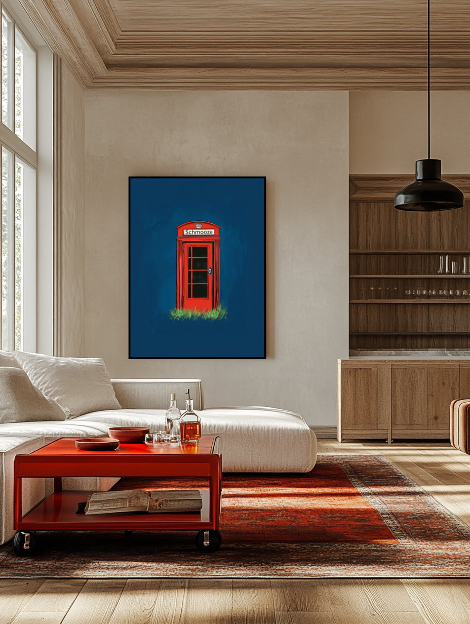 A charming red phone booth artwork with the word "Schmooze" in Yiddish, offering a modern, fun twist on Jewish culture and conversation.
