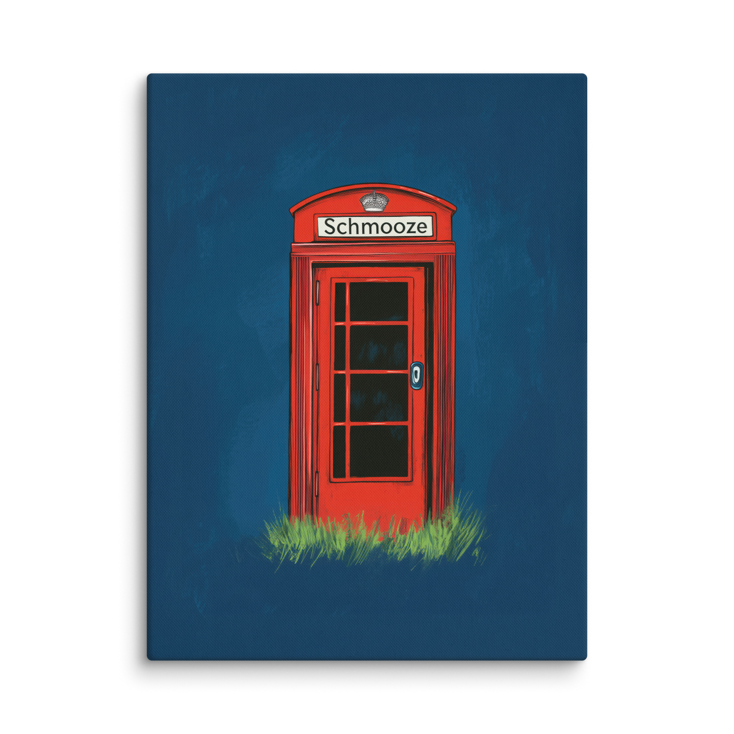 A playful and stylish artwork featuring the Yiddish word "Schmooze" inside a red phone booth, evoking both nostalgia and modern Jewish themes.