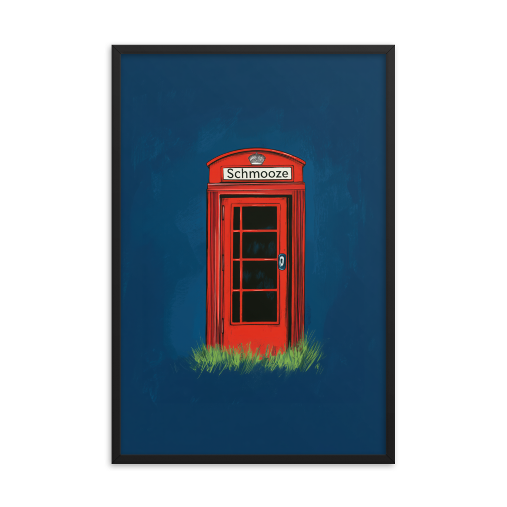 A minimalist red phone booth illustration with the Yiddish word "Schmooze," combining modern design with the charm of Jewish conversation and culture.