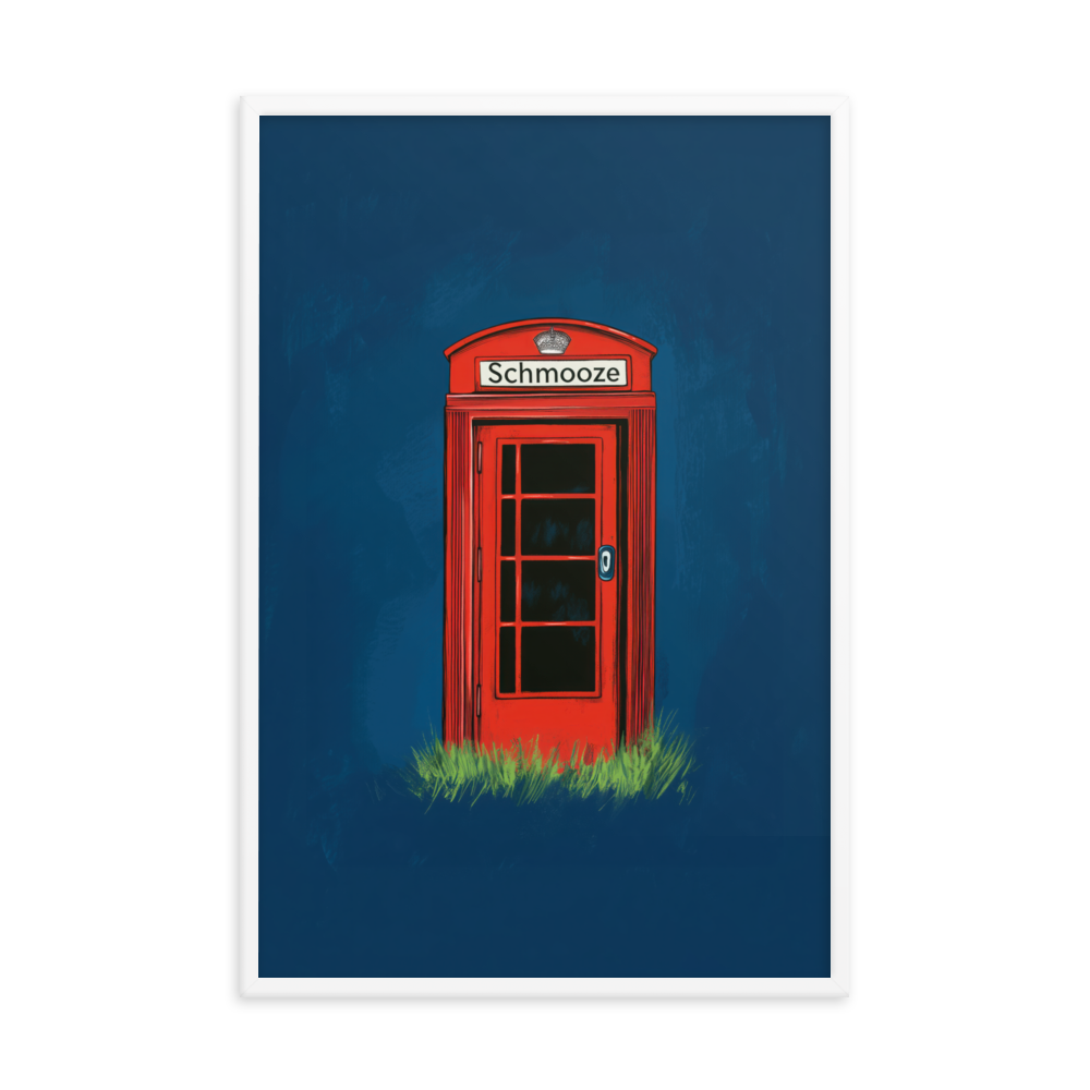 A playful modern artwork showcasing the Yiddish word "Schmooze" in a minimal red phone booth design, perfect for enhancing Jewish cultural spaces.