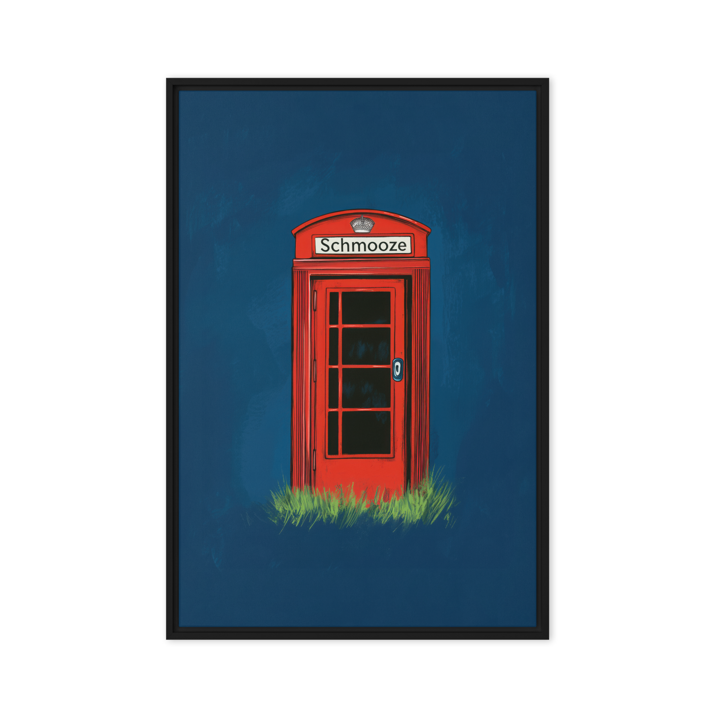 A contemporary Jewish artwork with a red phone booth and the word "Schmooze," celebrating the beauty of conversation and connection through a modern design.