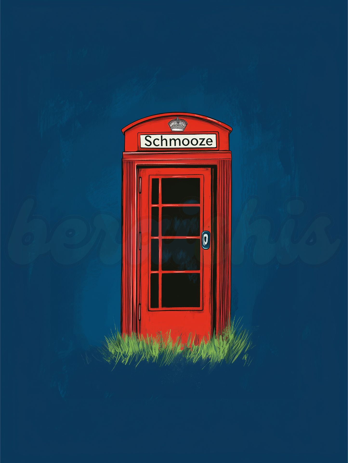 A modern Jewish art piece featuring a minimal vector illustration of a red phone booth with the Yiddish word "Schmooze," capturing nostalgia and connection.
