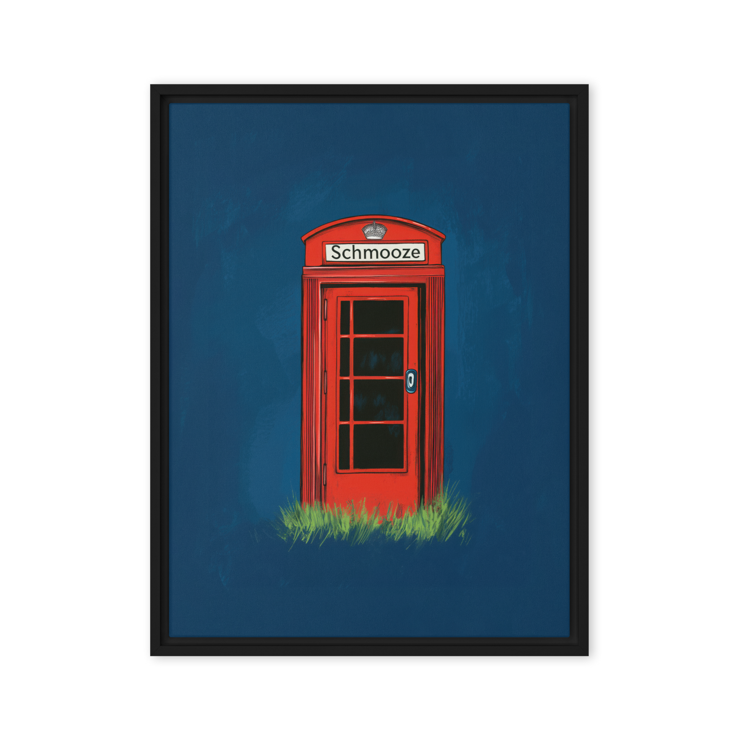 A vibrant piece of modern Jewish art featuring the Yiddish word "Schmooze" inside a minimalist red phone booth, blending tradition with contemporary design.