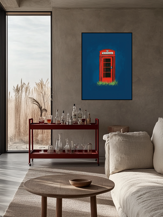 A playful and modern artwork featuring a red phone booth and the word "Schmooze" in Yiddish, blending classic nostalgia with contemporary Jewish culture.