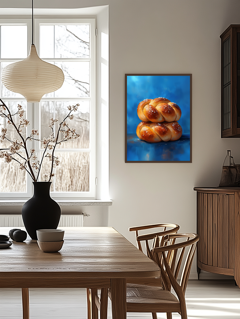 A stunning Jewish art piece depicting two fresh challahs, representing the double portion of manna on Shabbat.