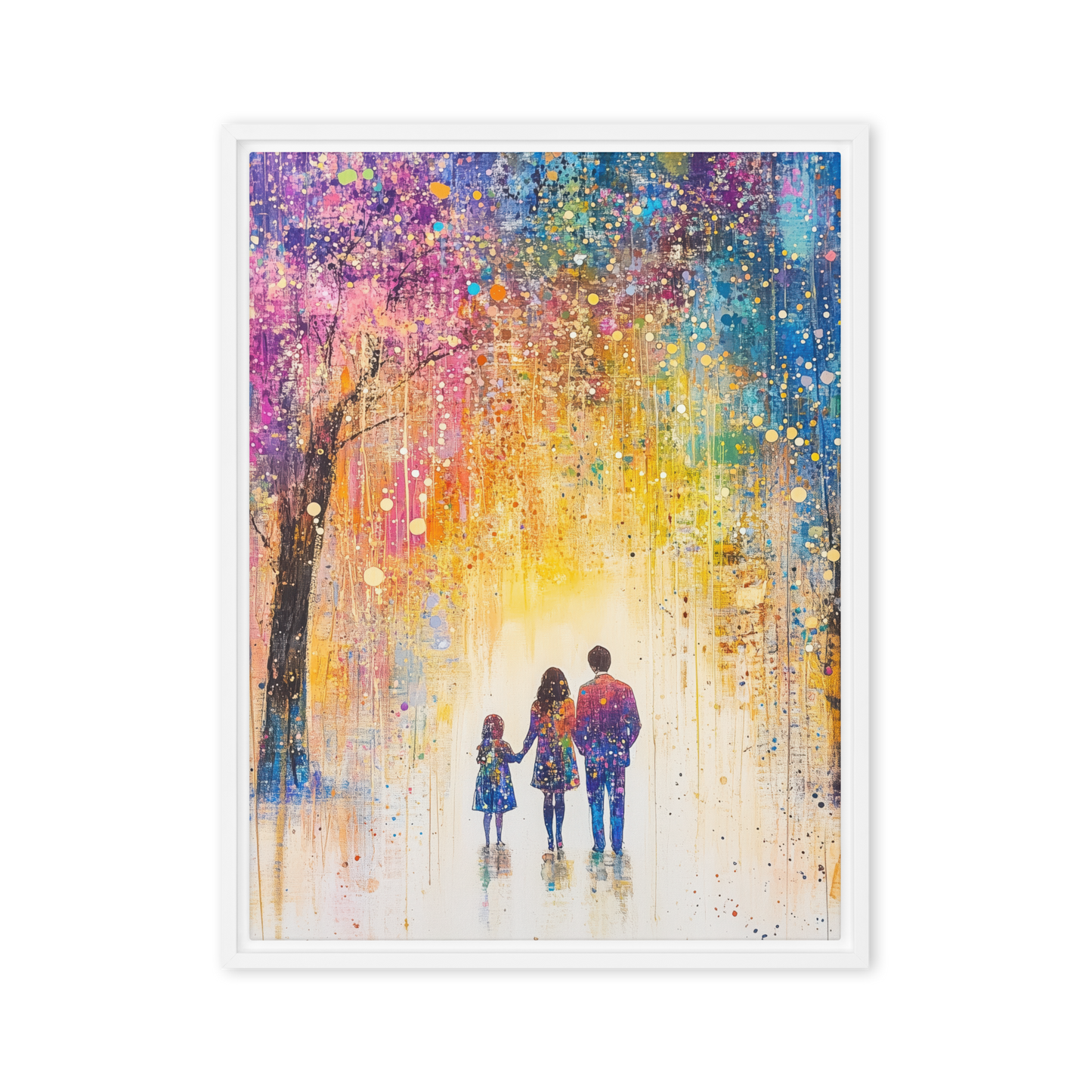A stunning piece of modern Judaica, capturing the essence of a peaceful Shabbat stroll with vibrant colors and divine-inspired artistry.