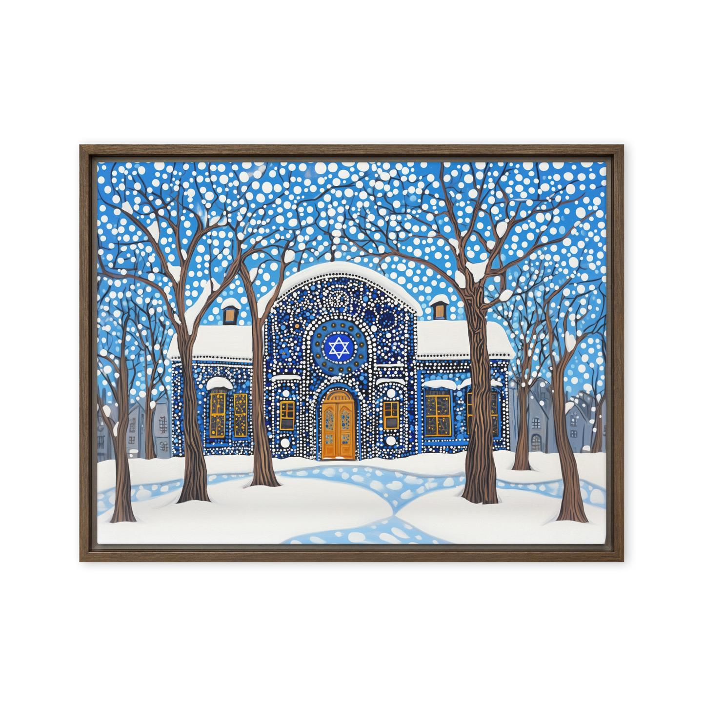 A timeless winter-inspired Judaica painting, featuring a synagogue surrounded by a soft, snowy glow.