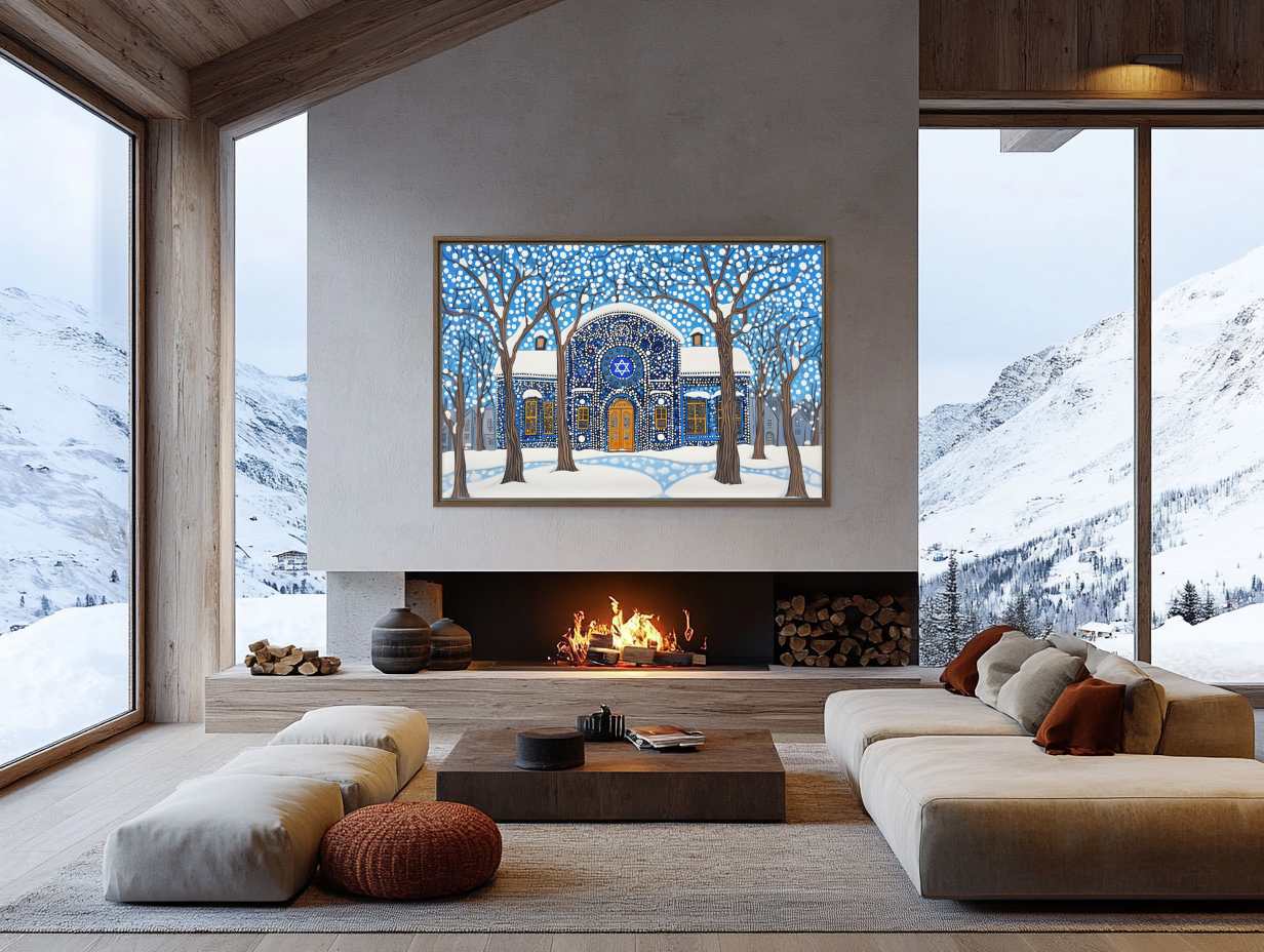 A serene painting style print of a snow-covered synagogue, capturing the quiet beauty of winter and Jewish tradition.