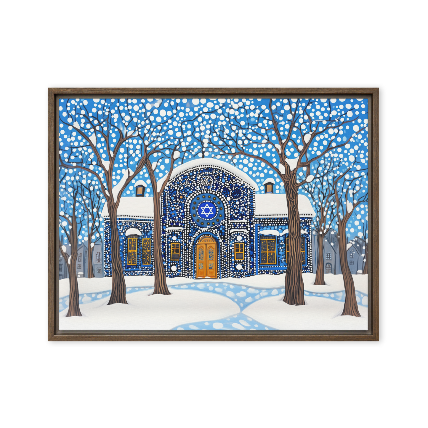 An evocative scene of a shul blanketed in white, inviting viewers into its warmth and spiritual embrace.
