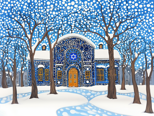 A peaceful depiction of a shul blanketed in snow, evoking warmth and spirituality amid a winter landscape.